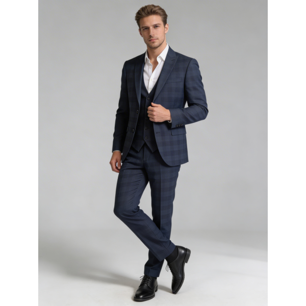 Stilska modra moška tridelna obleka INTER z elegantnim karo vzorcem. Slim fit kroj za poroke, poslovne dogodke in svečane priložnosti. Odkrij eleganco – OKMAL.
